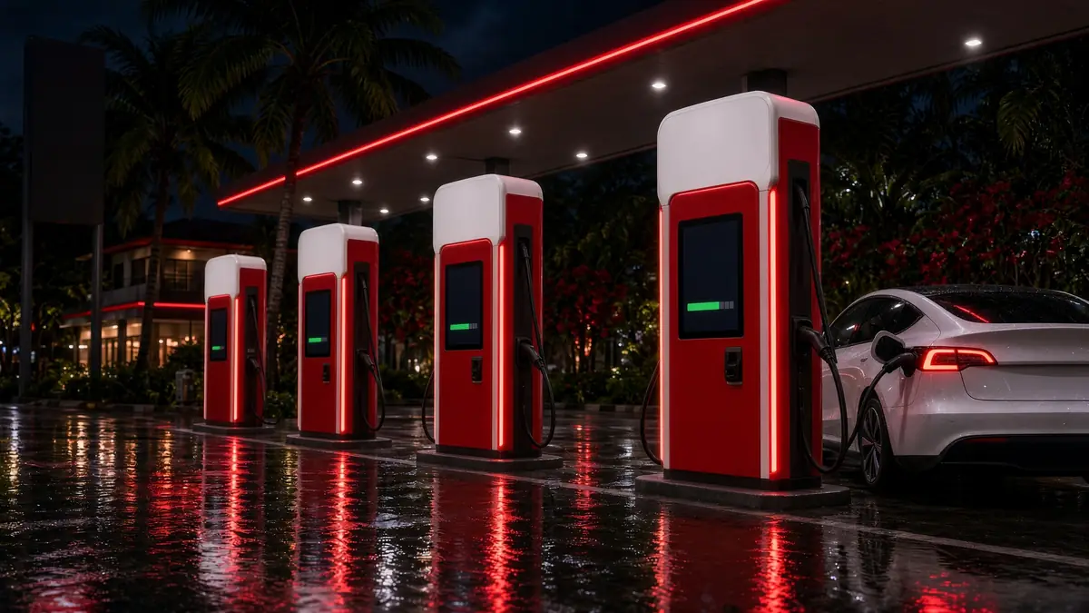Electric cars charging at fast chargers at night